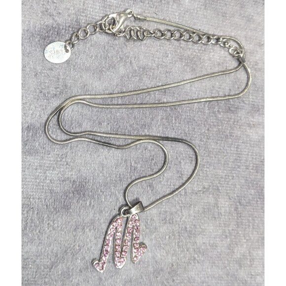 Pink Rhinestone M Monogram Silver Tone Pendant Necklace - Picture 8 of 8